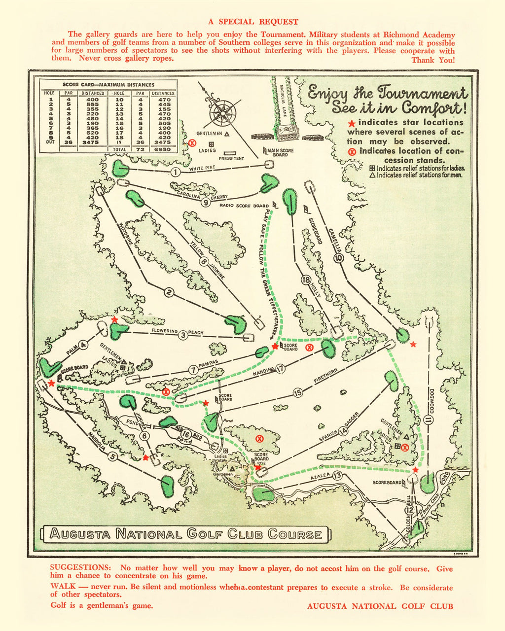 1954 Augusta National Vintage Course Map